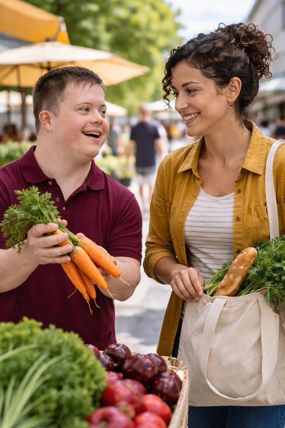 Ein junger Mann und seine Assistentin lachen zusammen auf dem Markt.
