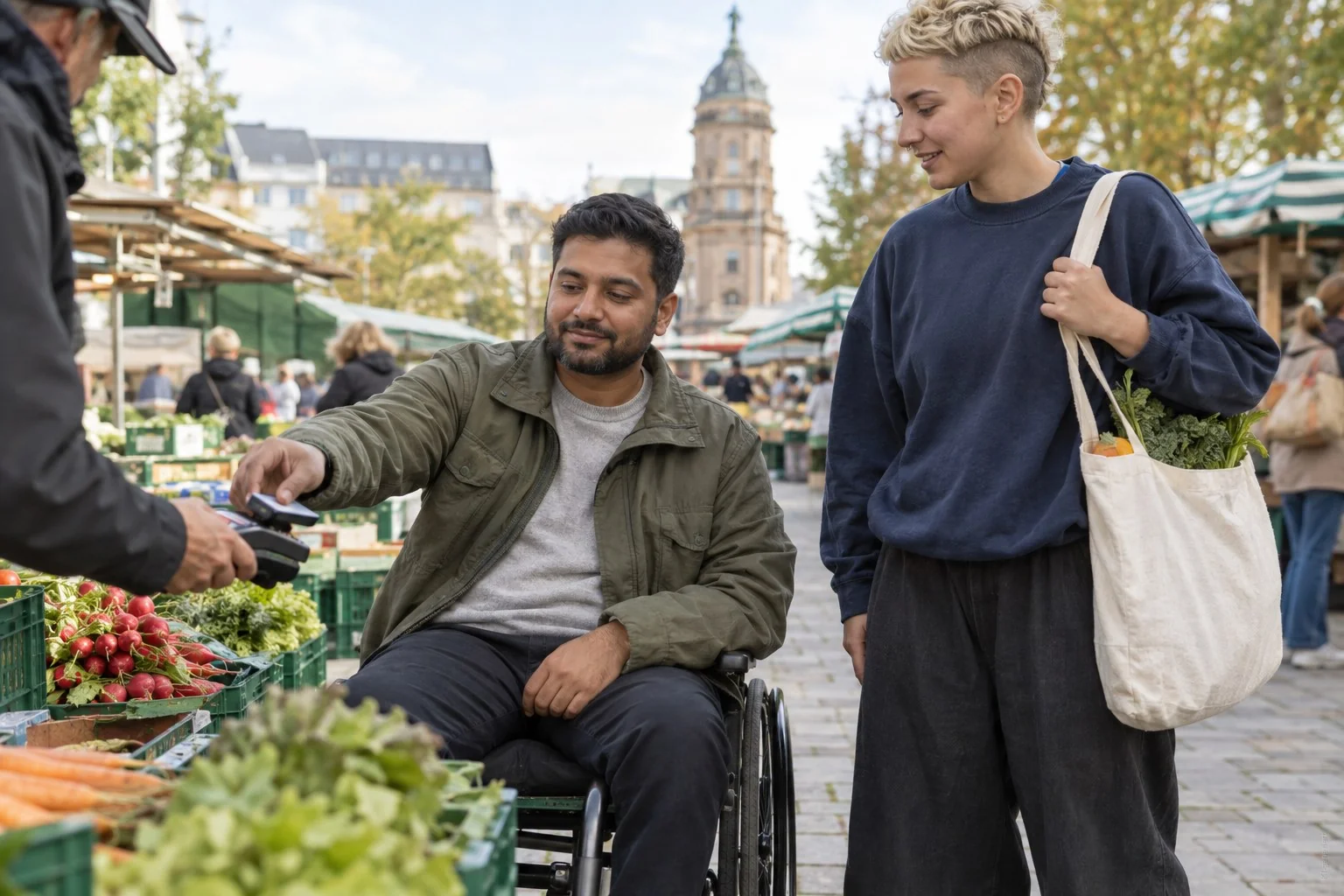 Ein Mann im Rollstuhl bezahlt auf dem Wochenmarkt, neben ihm die Assistenzkraft mit der Einkaufstasche.