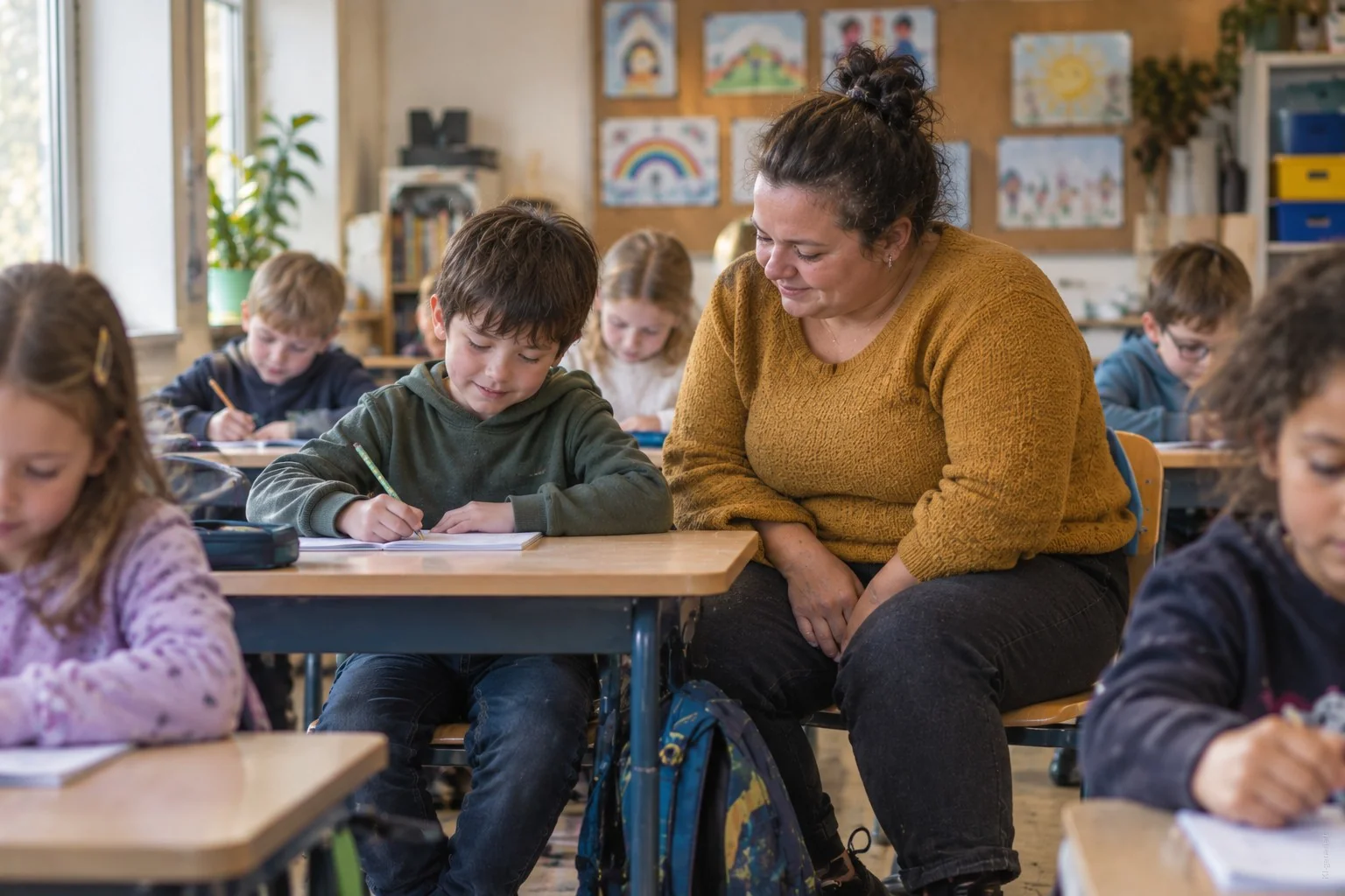 Ein Junge schreibt im Unterricht in sein Heft, seine Schulbegleiterin sitzt neben ihm und schaut mit.